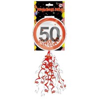 Geschenkverpackungs-Deko "Verkehrsschild 50" mit Konfetti und Ringelband