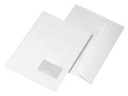 Faltenumschläge C4 (229 x 324 mm) mit Seitenfalte und Spitzboden Offset weiß, Papier: 120 g/qm, haftklebend, 20er Falte, mit Fenster