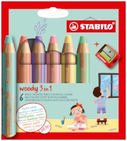 Multitalent-Stift STABILO® woody 3 in 1 Etui, 10 mm, sortiert, Kartonetui mit 6 Stiften und 1 kindersicheren Spitzer